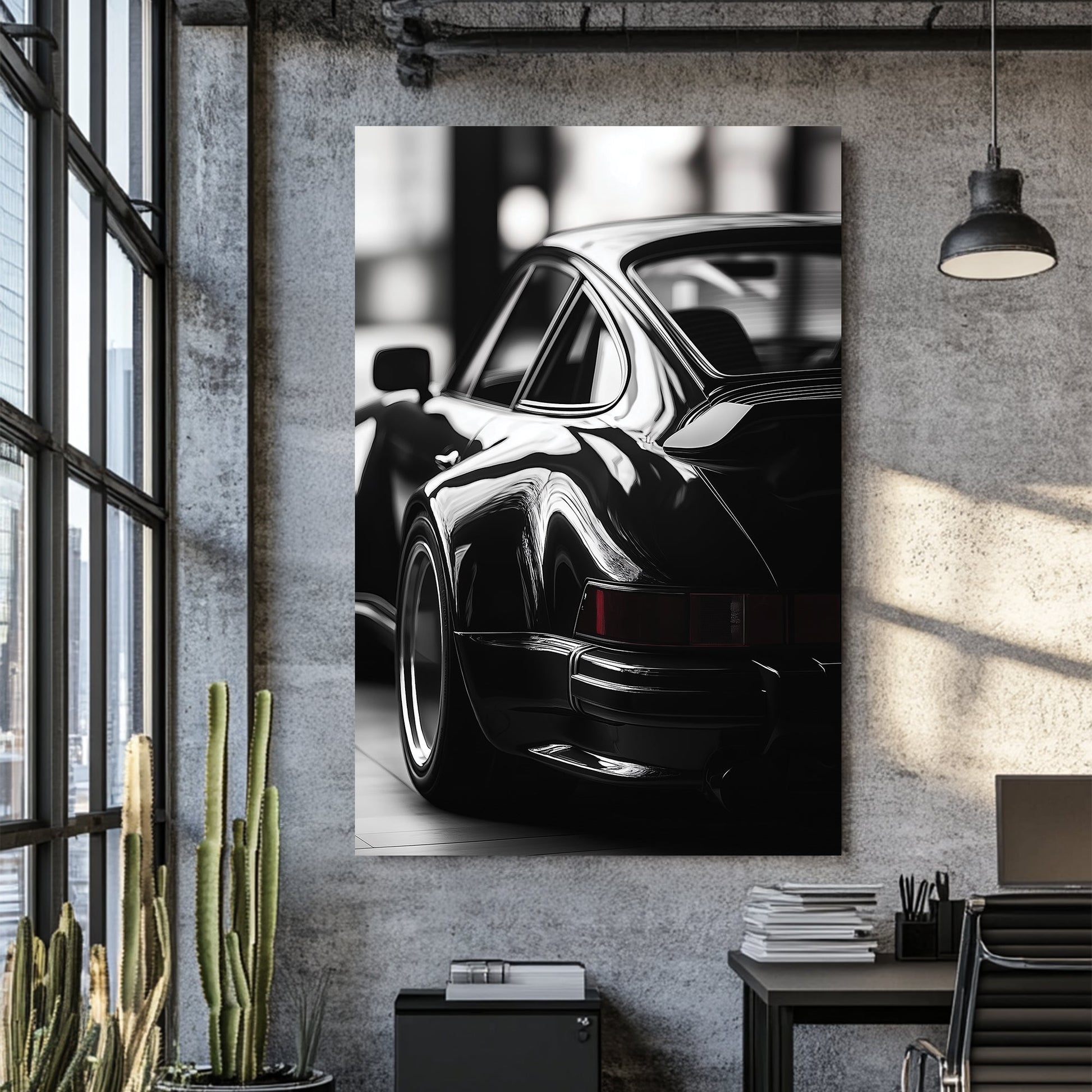 black and white Porsche wall art with vintage rear view close-up