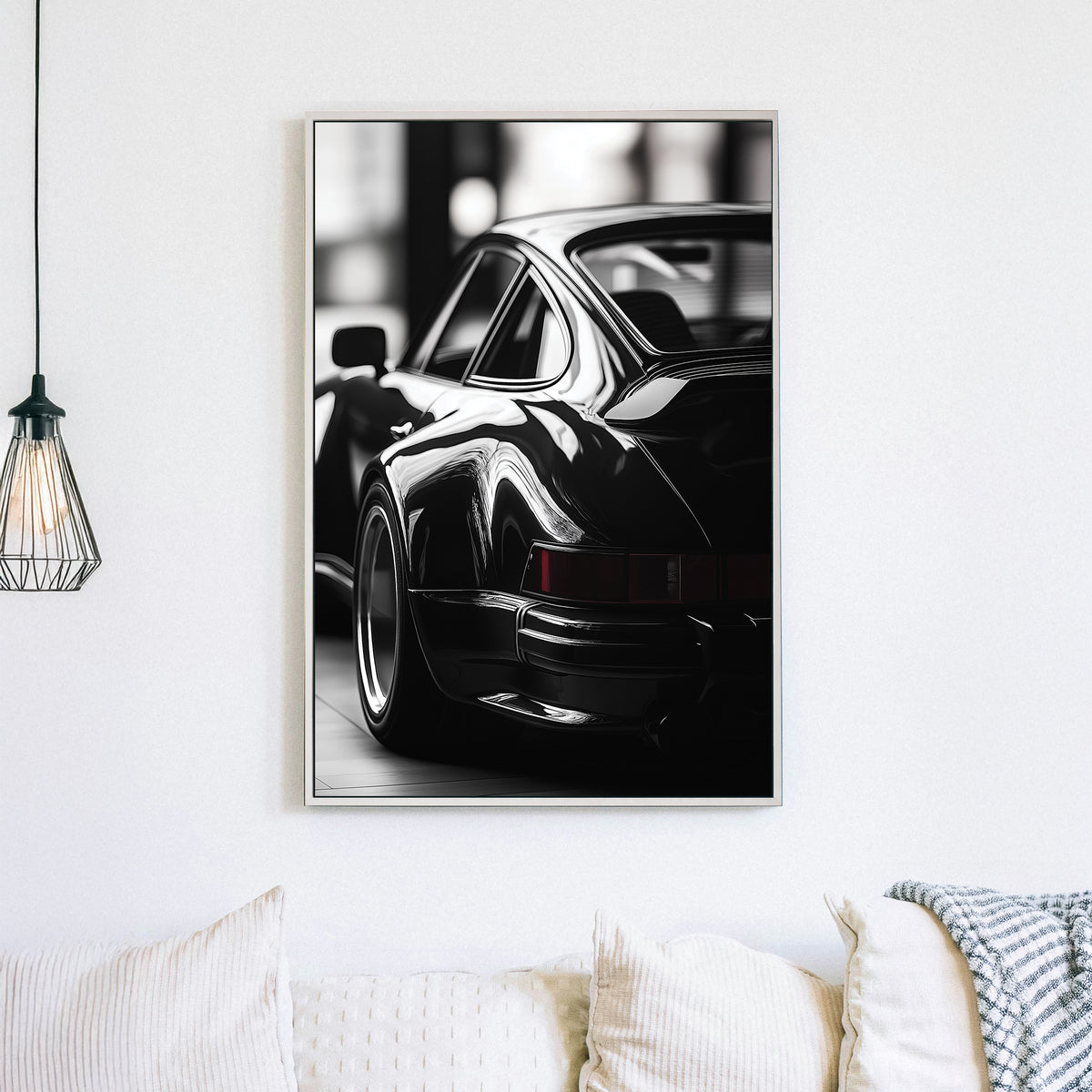 black and white Porsche wall art with vintage rear view close-up