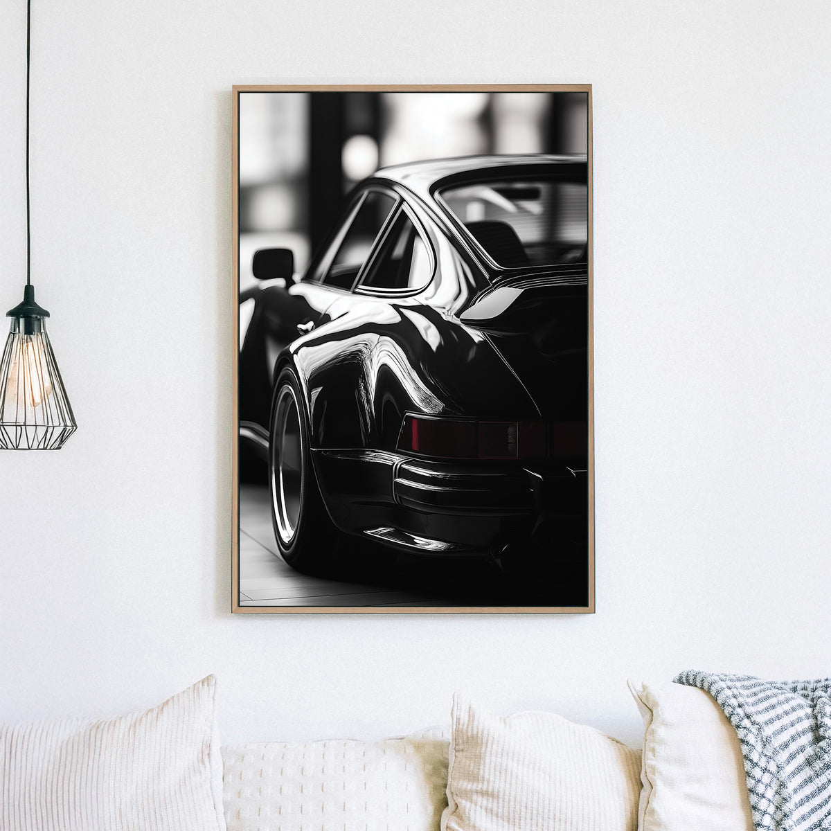 black and white Porsche wall art with vintage rear view close-up