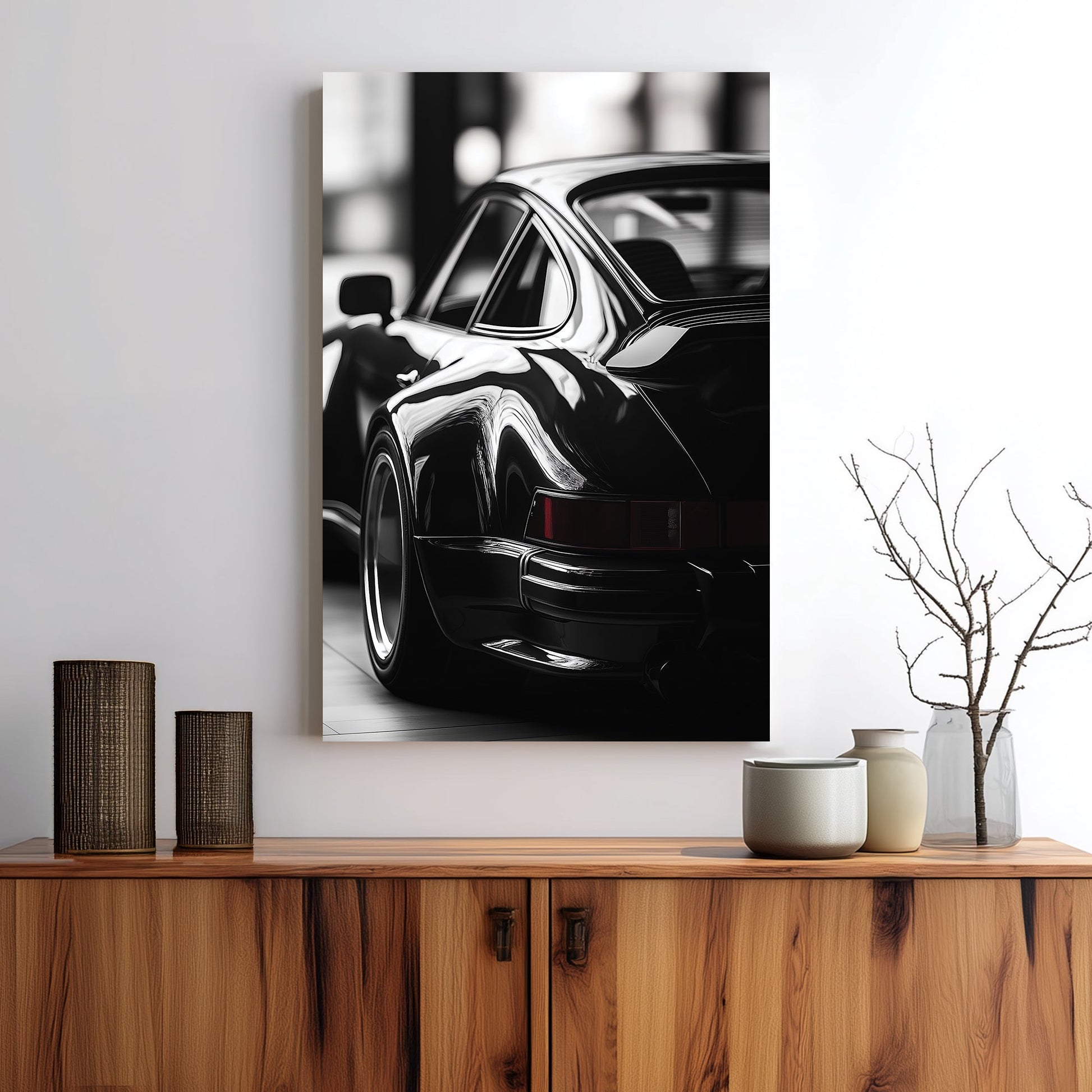 black and white Porsche wall art with vintage rear view close-up