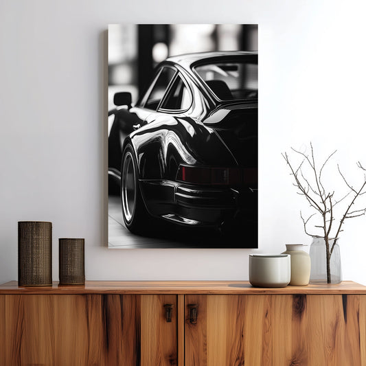 black and white Porsche wall art with vintage rear view close-up