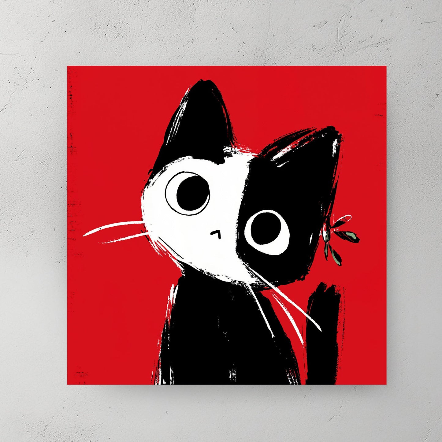 black and white cat wall art with red background in Japanese ink style