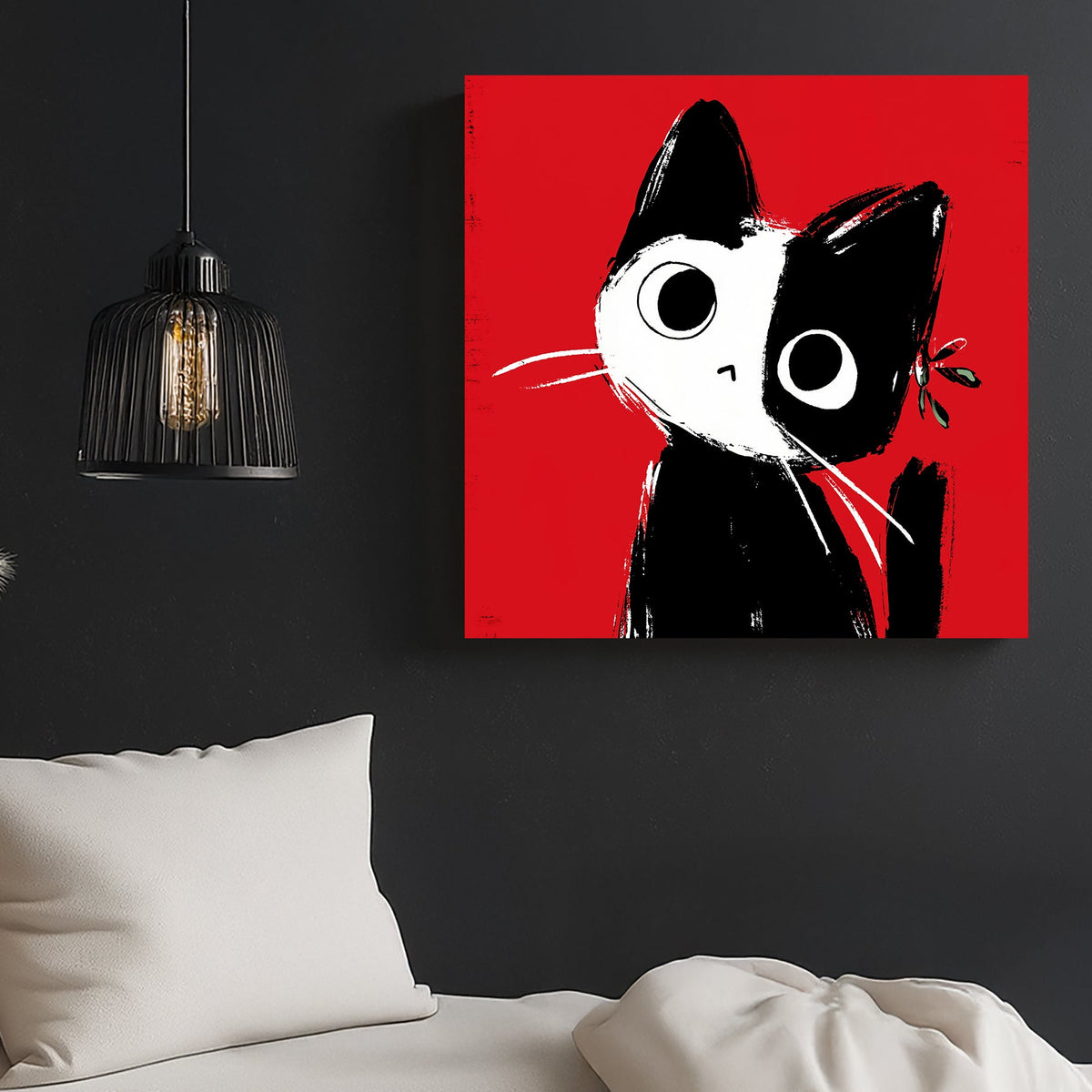 black and white cat wall art with red background in Japanese ink style