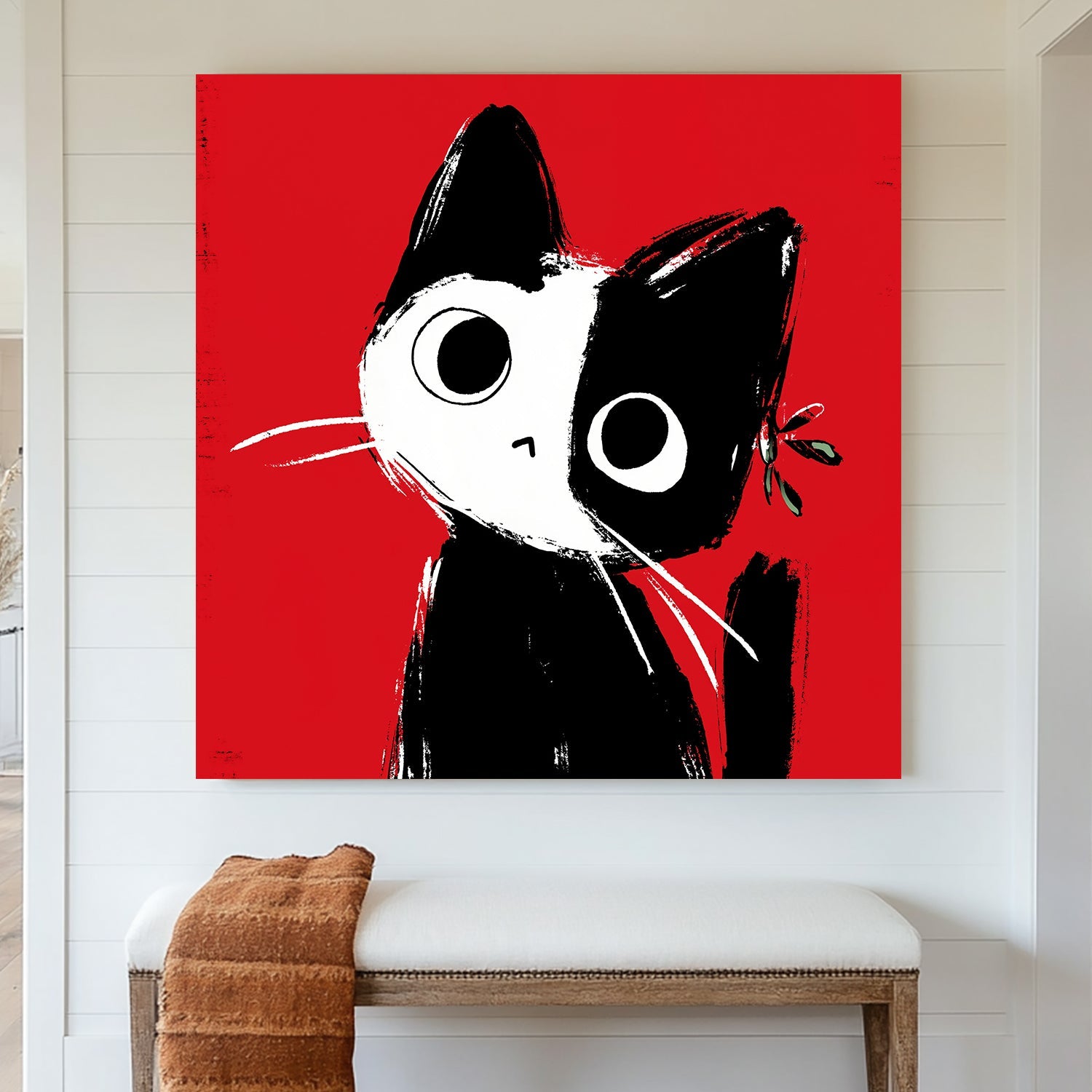 black and white cat wall art with red background in Japanese ink style