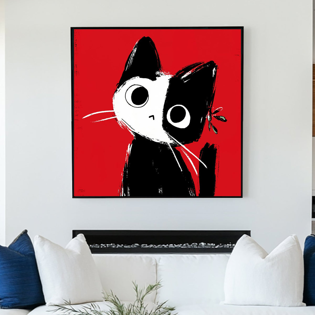 black and white cat wall art with red background in Japanese ink style