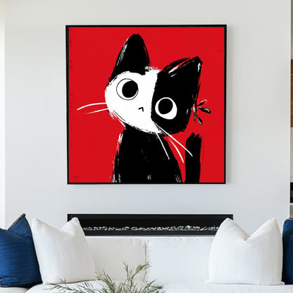 black and white cat wall art with red background in Japanese ink style