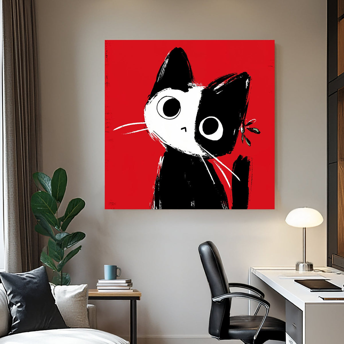 black and white cat wall art with red background in Japanese ink style