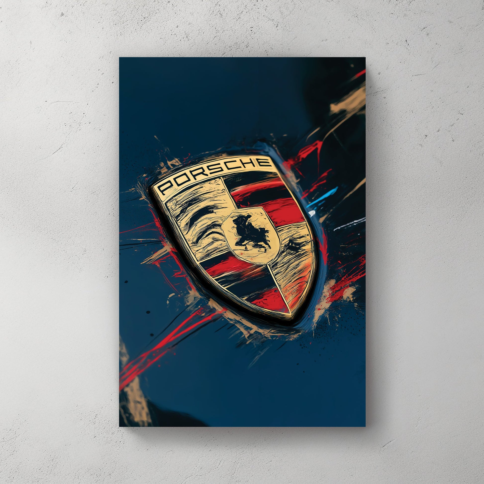 Porsche logo close-up wall art with red and gold abstract paint details
