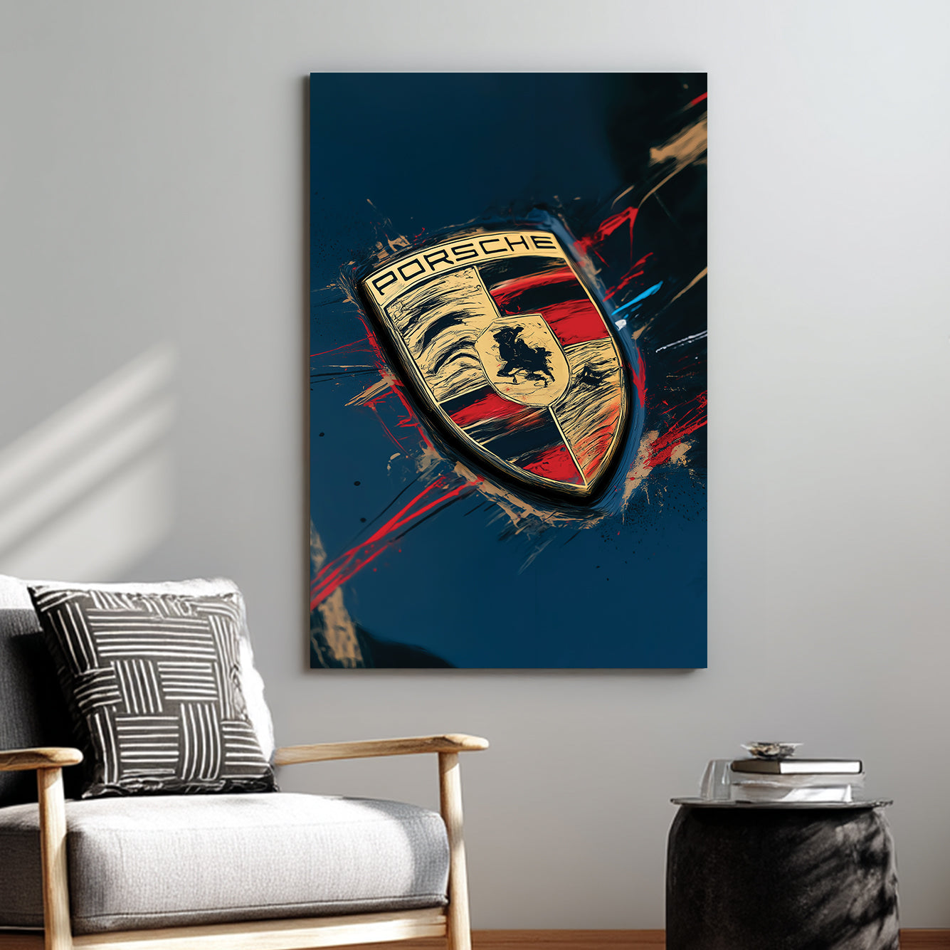 Porsche logo close-up wall art with red and gold abstract paint details