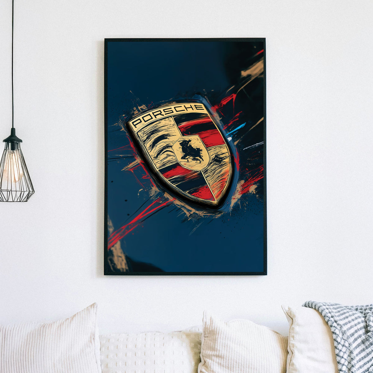 Porsche logo close-up wall art with red and gold abstract paint details