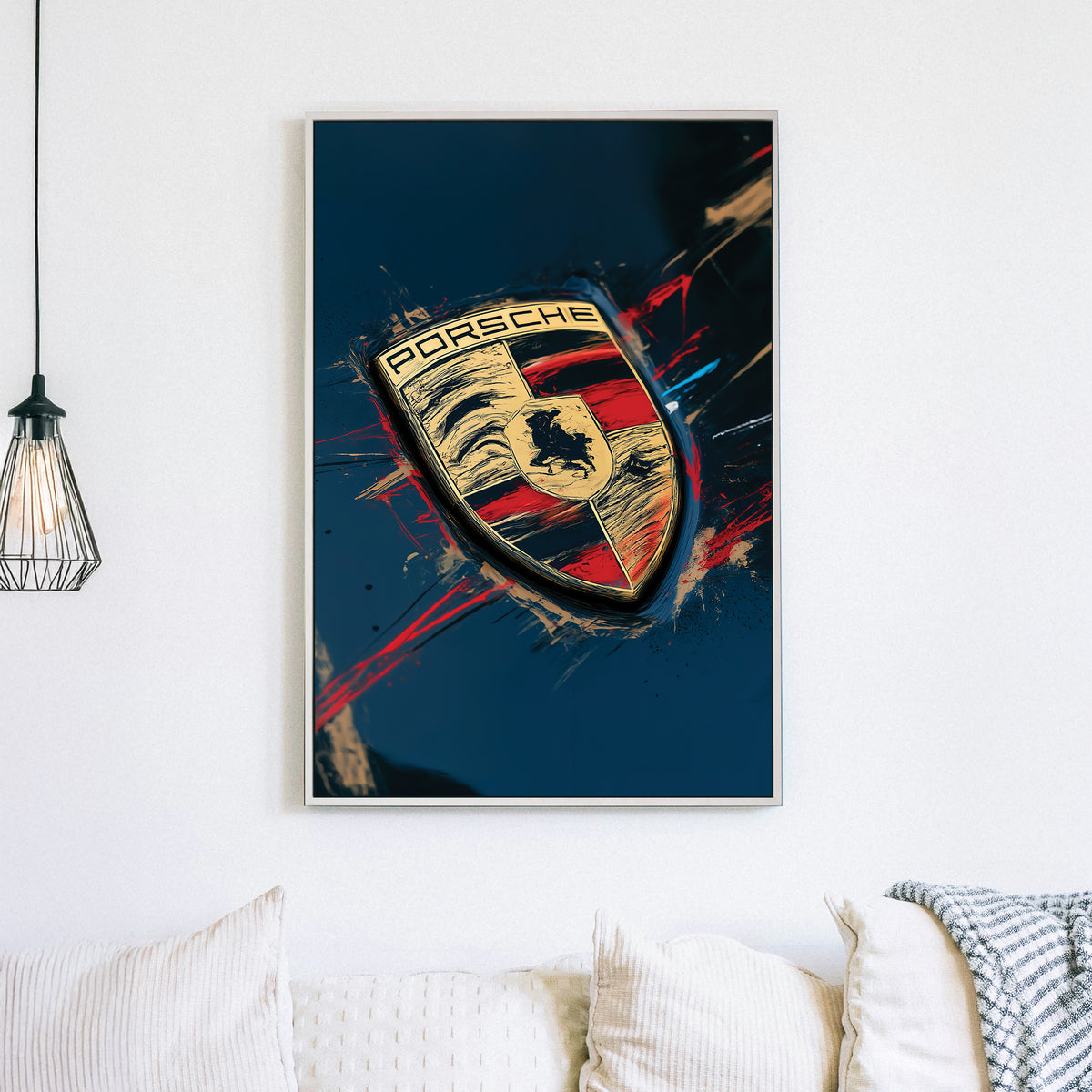 Porsche logo close-up wall art with red and gold abstract paint details