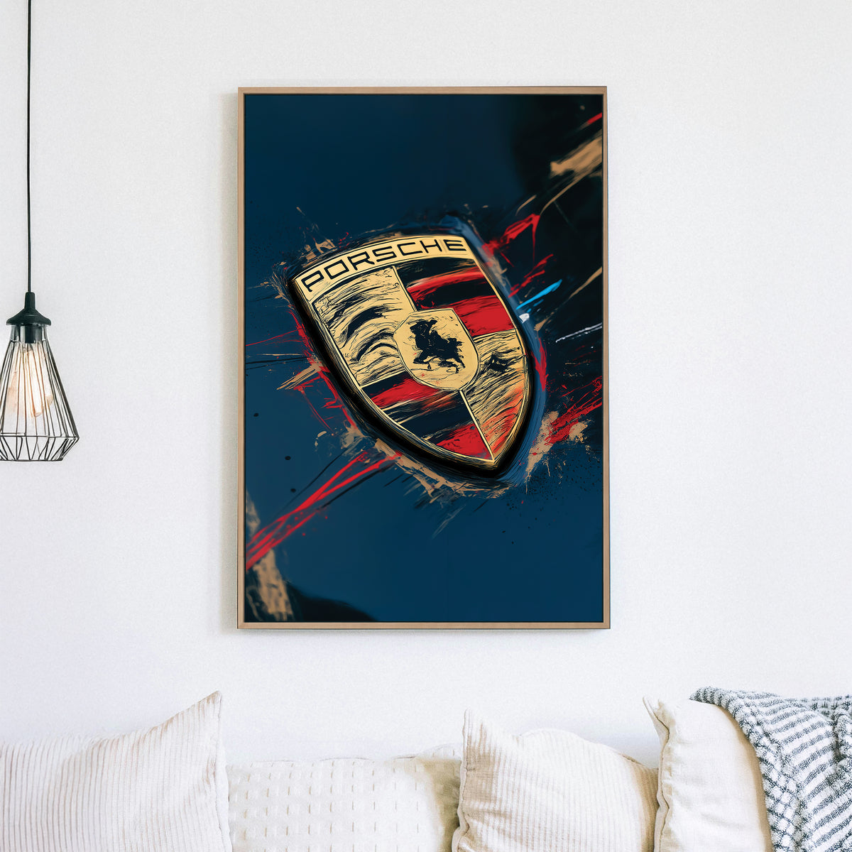 Porsche logo close-up wall art with red and gold abstract paint details