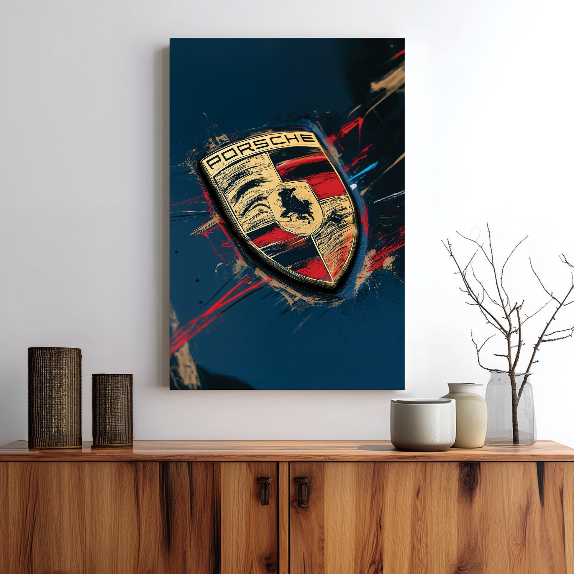 Porsche logo close-up wall art with red and gold abstract paint details