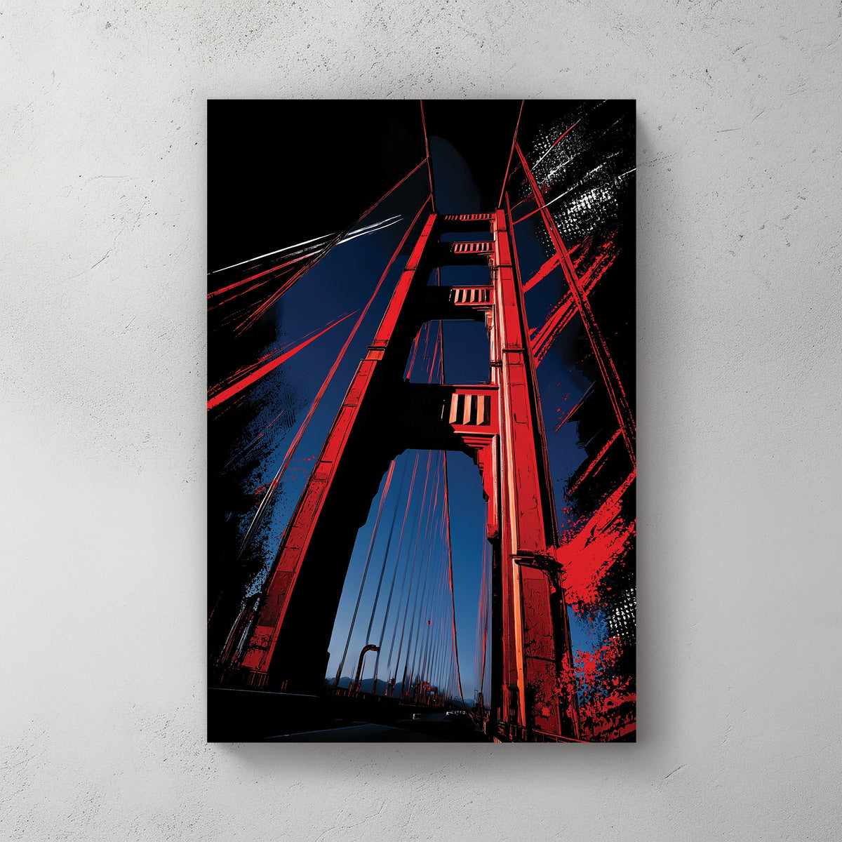 Golden Gate Bridge wall art in bold red and dark blue graphic style