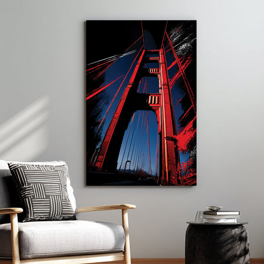 Golden Gate Bridge wall art in bold red and dark blue graphic style