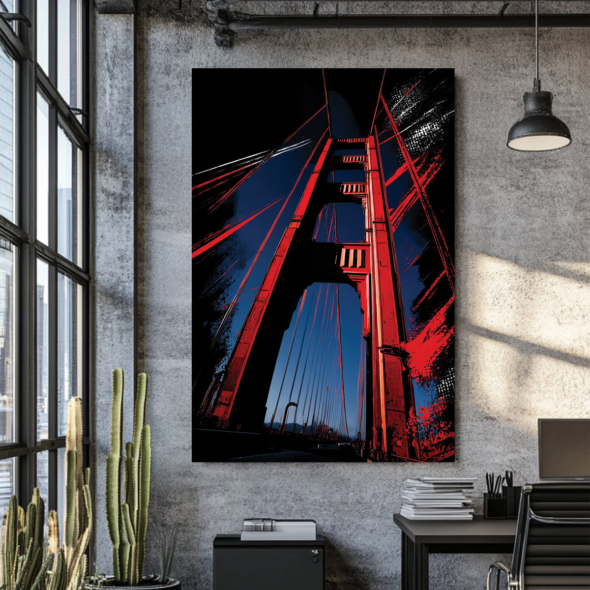 Golden Gate Bridge wall art in bold red and dark blue graphic style