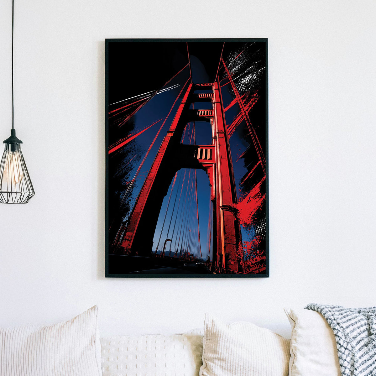 Golden Gate Bridge wall art in bold red and dark blue graphic style