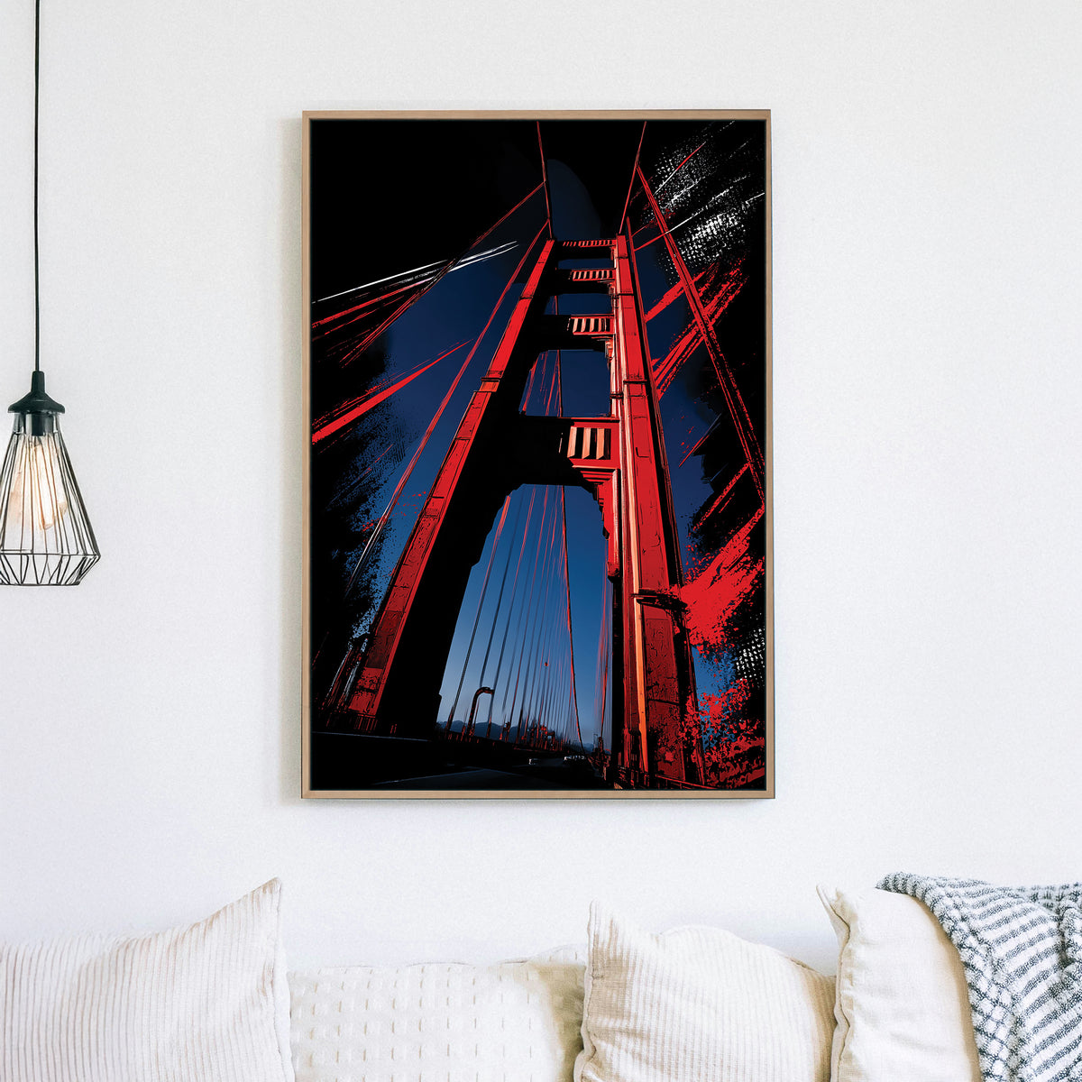 Golden Gate Bridge wall art in bold red and dark blue graphic style