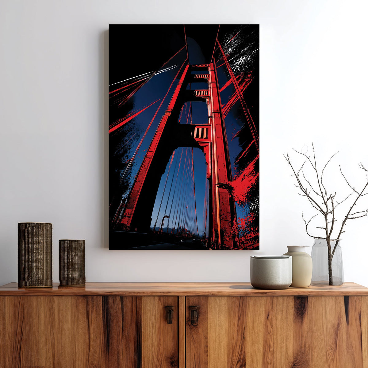 Golden Gate Bridge wall art in bold red and dark blue graphic style