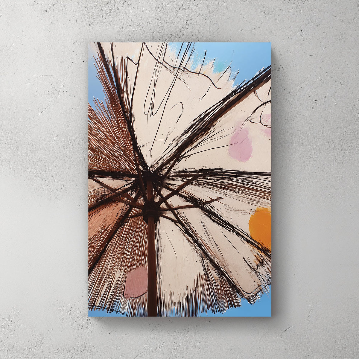 sunshade umbrella wall art with sketch-style lines and pastel accents