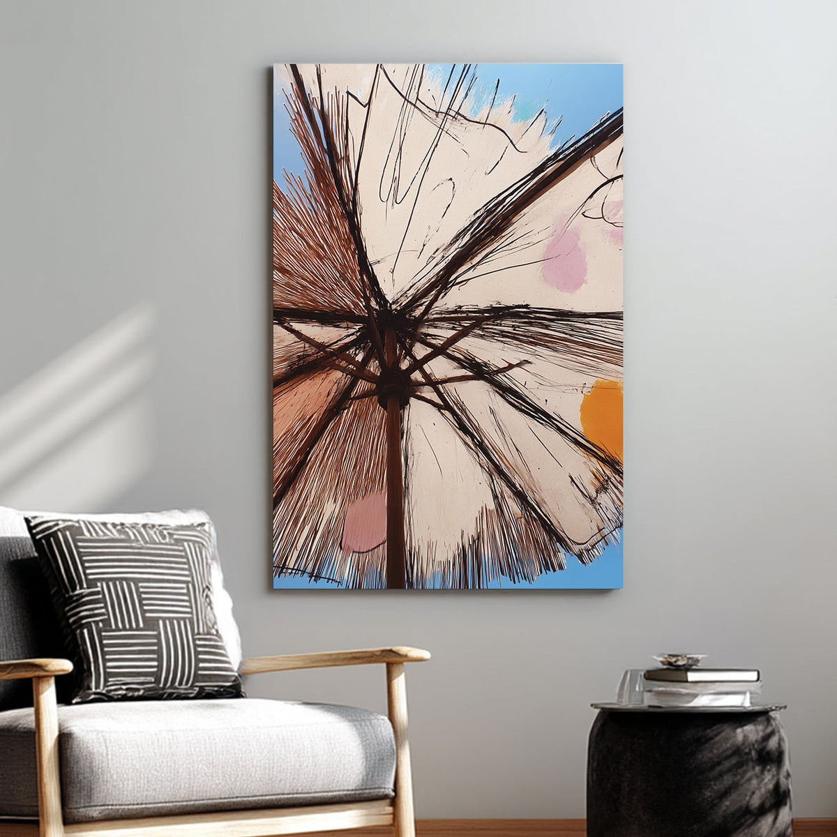 sunshade umbrella wall art with sketch-style lines and pastel accents