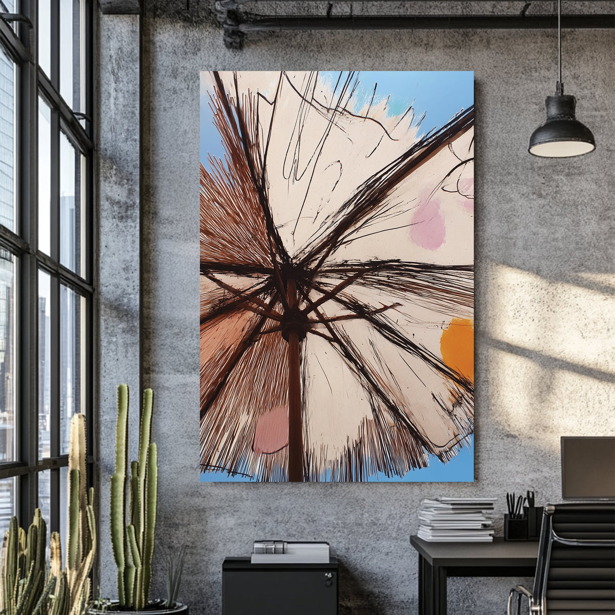 sunshade umbrella wall art with sketch-style lines and pastel accents