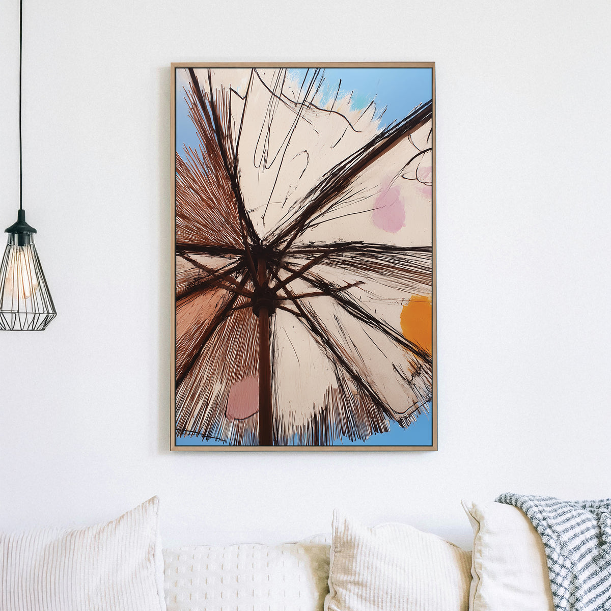 sunshade umbrella wall art with sketch-style lines and pastel accents