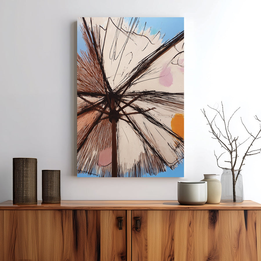 sunshade umbrella wall art with sketch-style lines and pastel accents