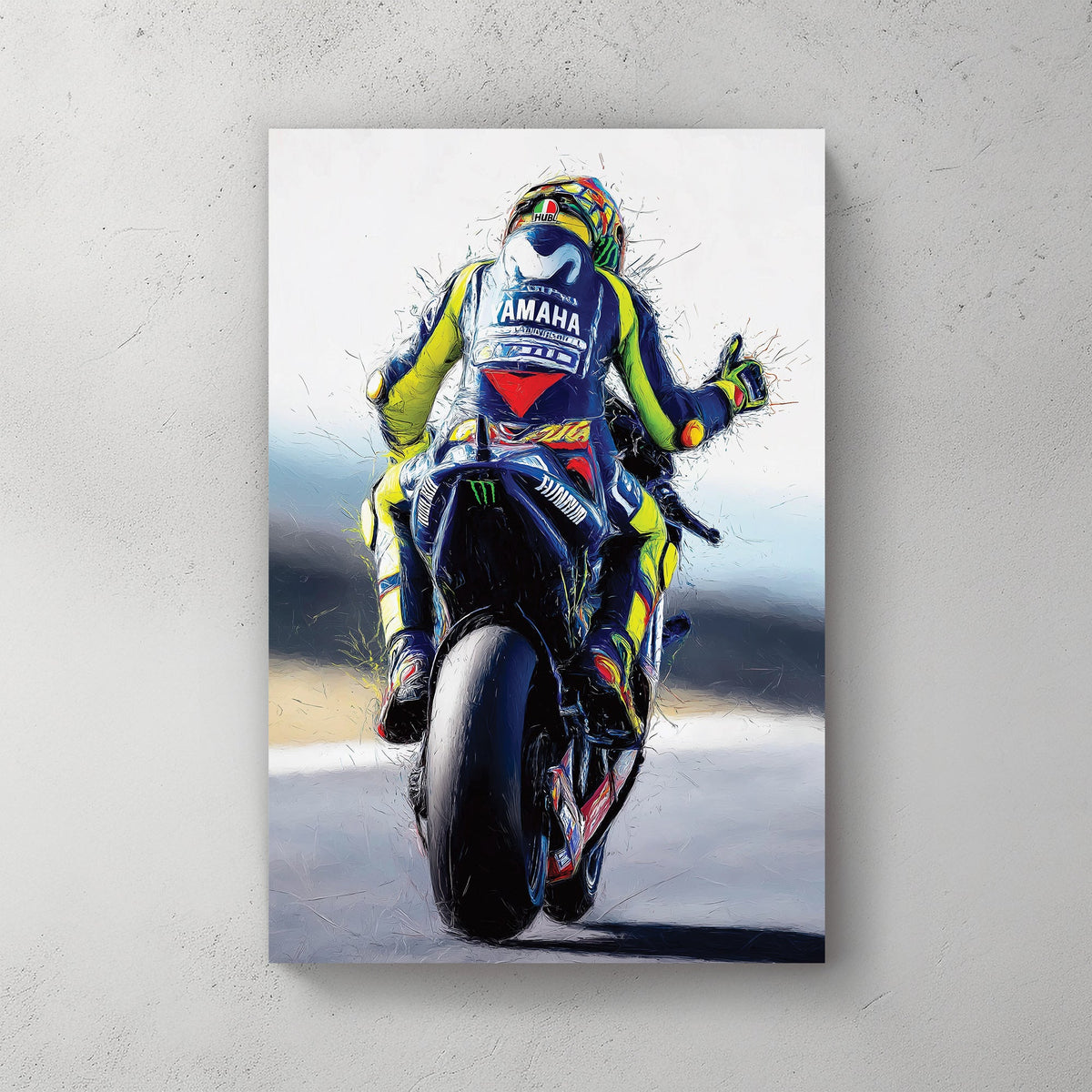 Valentino Rossi motorcycle racing wall art with dynamic brushstroke style