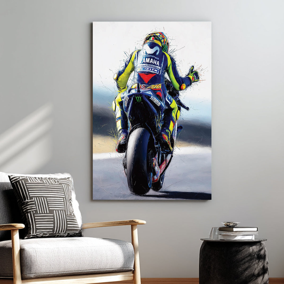 Valentino Rossi motorcycle racing wall art with dynamic brushstroke style