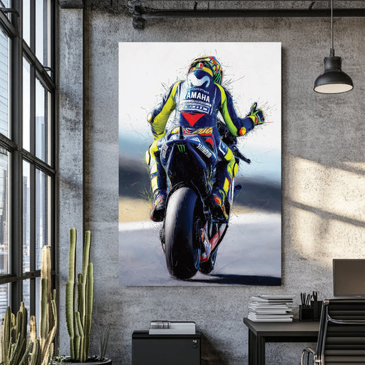 Valentino Rossi motorcycle racing wall art with dynamic brushstroke style