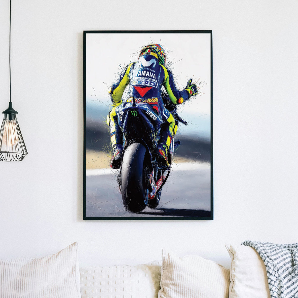 Valentino Rossi motorcycle racing wall art with dynamic brushstroke style
