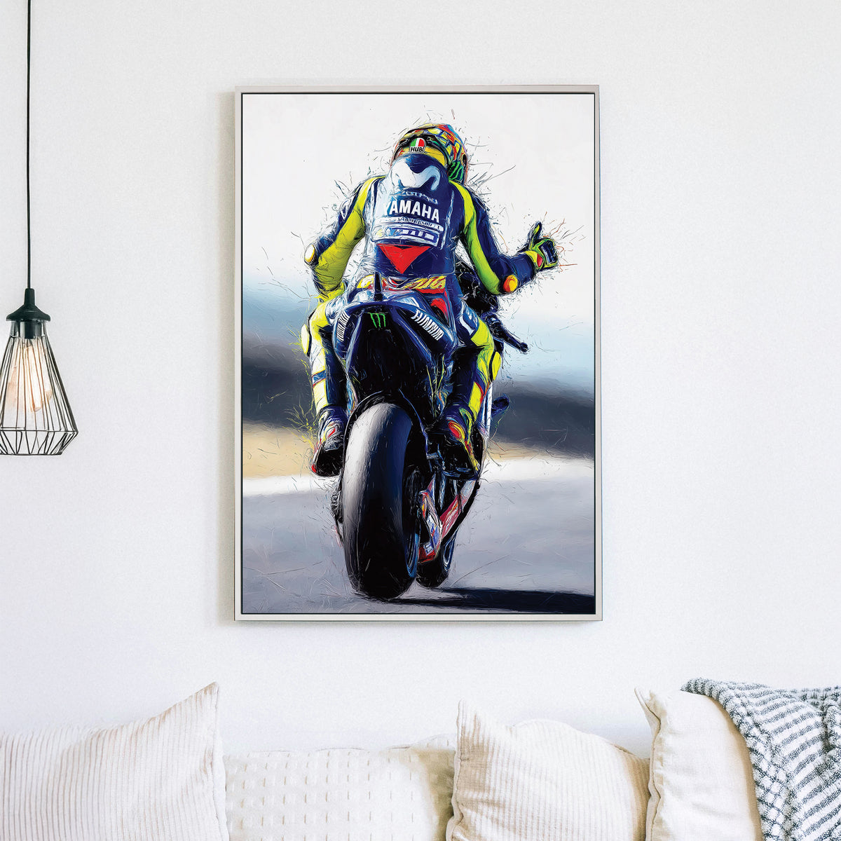 Valentino Rossi motorcycle racing wall art with dynamic brushstroke style