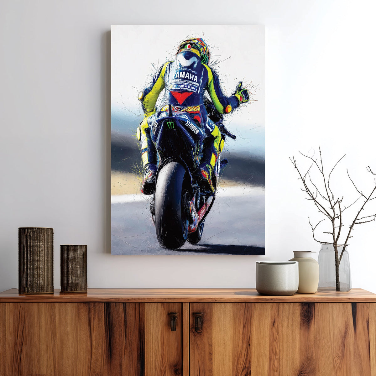 Valentino Rossi motorcycle racing wall art with dynamic brushstroke style