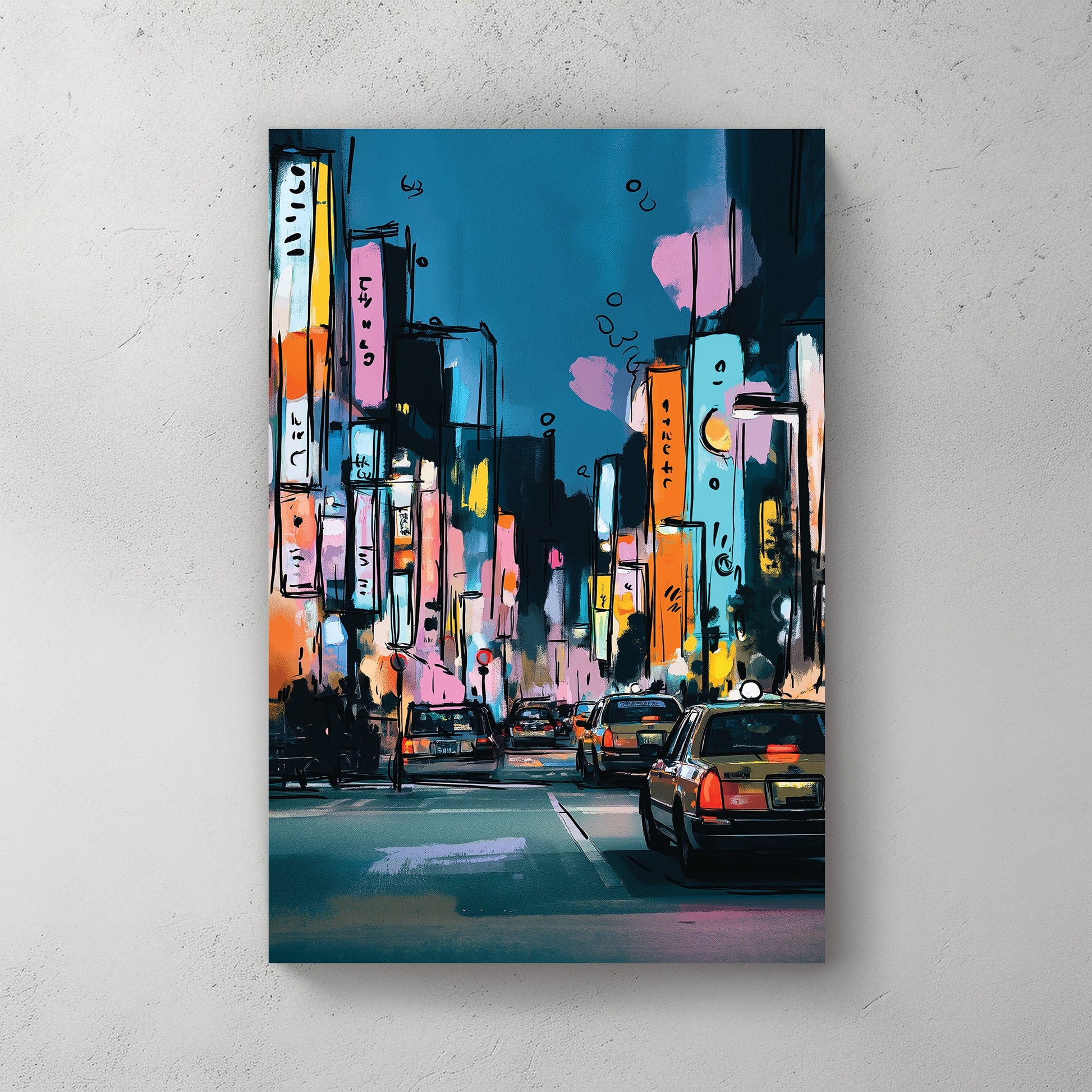 Tokyo city night scene wall art with neon signs and taxis