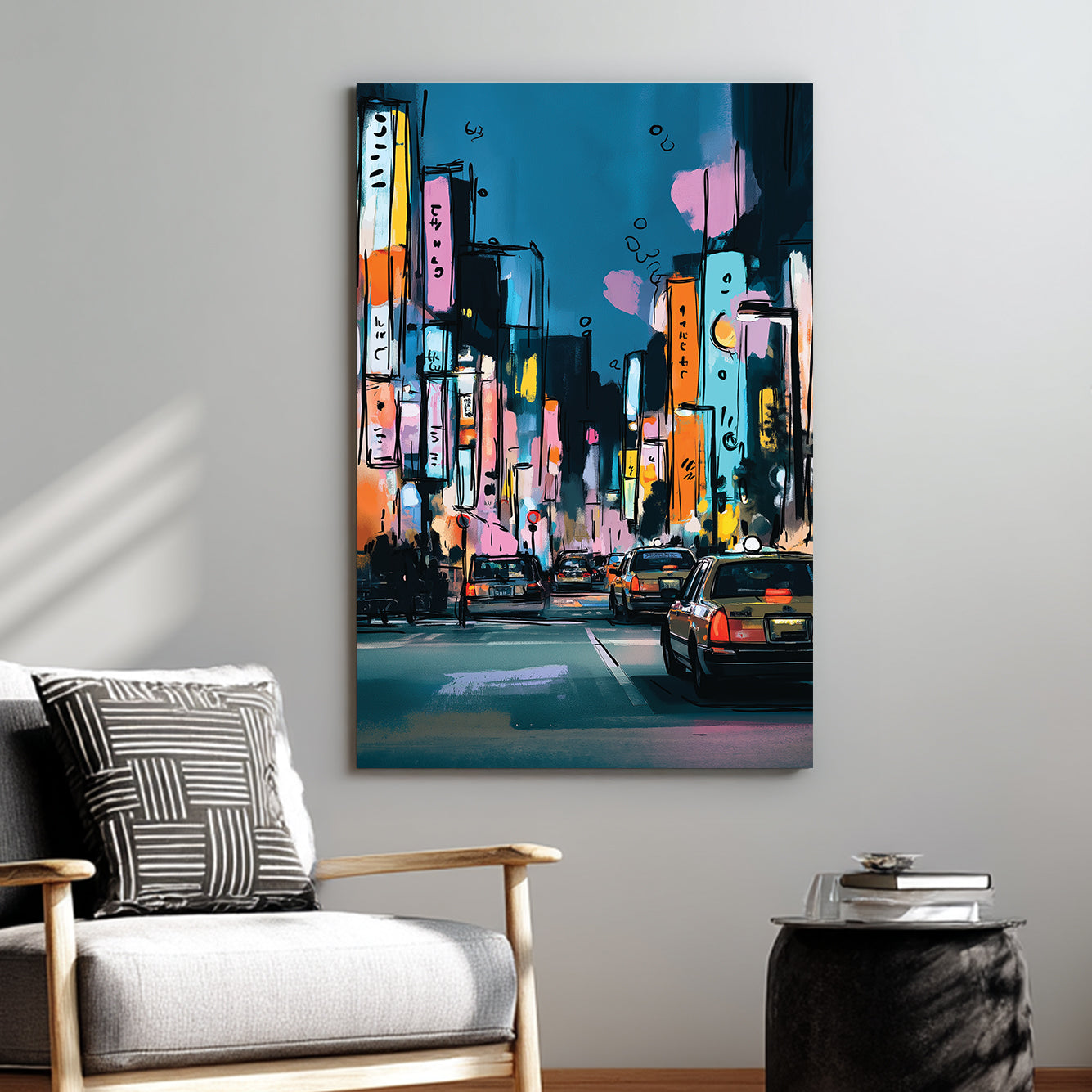 Tokyo city night scene wall art with neon signs and taxis