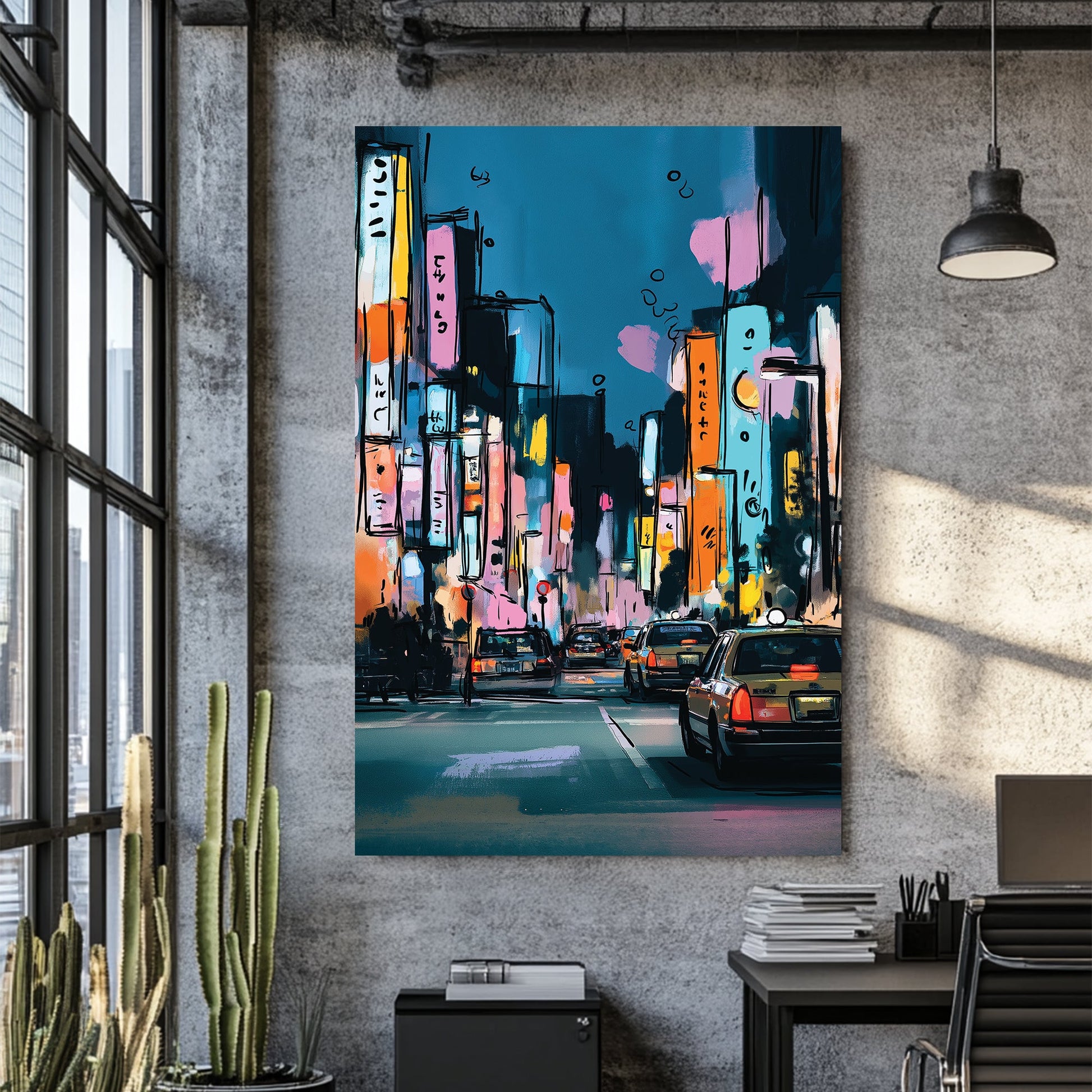 Tokyo city night scene wall art with neon signs and taxis