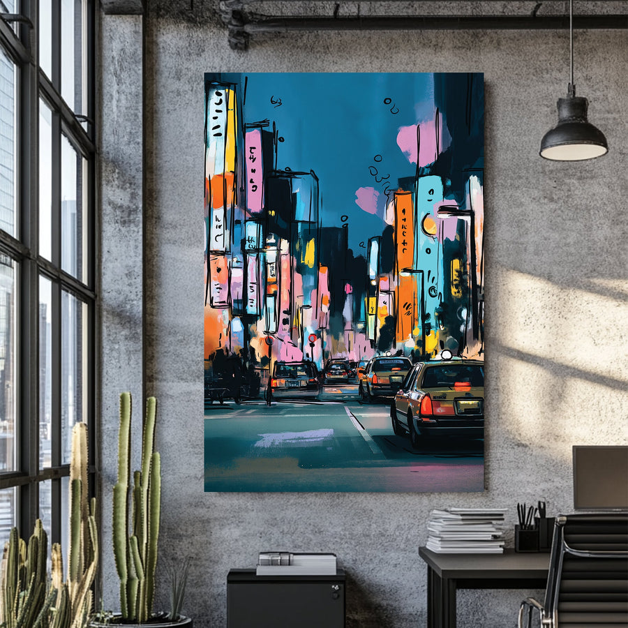 Tokyo city night scene wall art with neon signs and taxis
