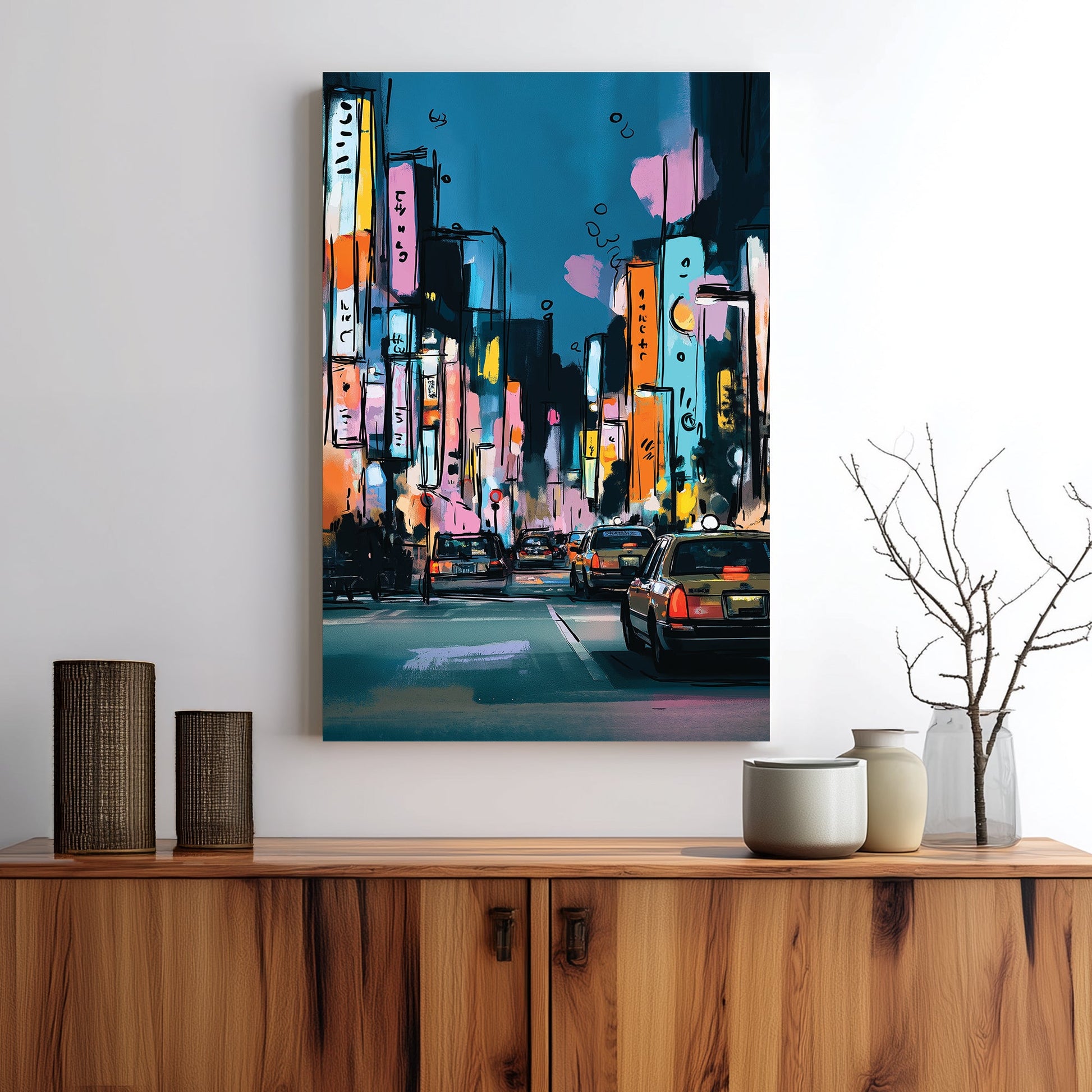 Tokyo city night scene wall art with neon signs and taxis