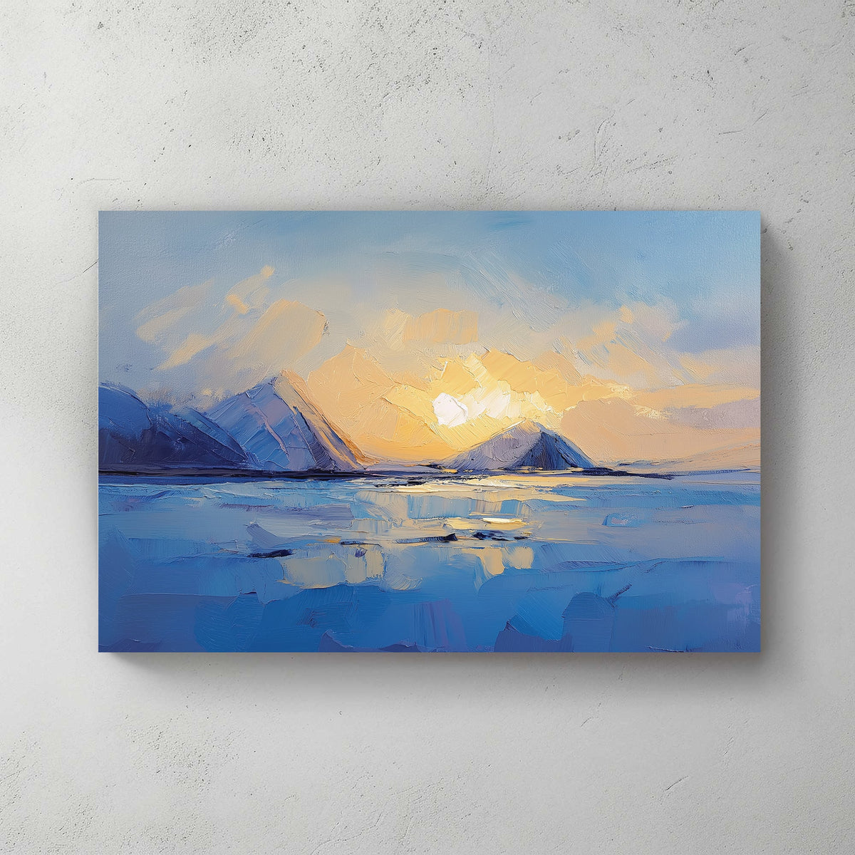 sunset over frozen mountains and lake wall art with textured brushstrokes