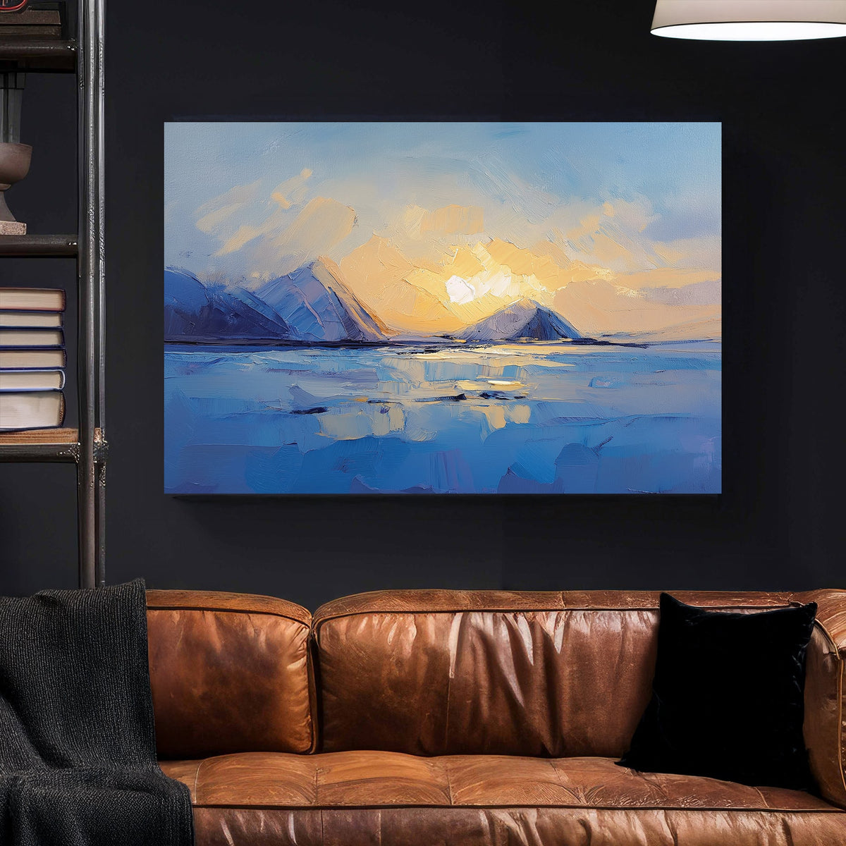 sunset over frozen mountains and lake wall art with textured brushstrokes