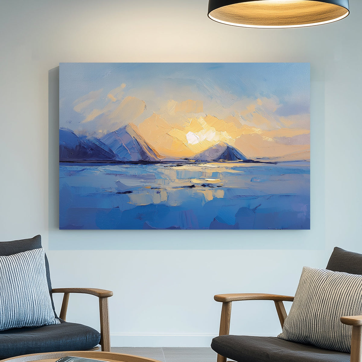 sunset over frozen mountains and lake wall art with textured brushstrokes
