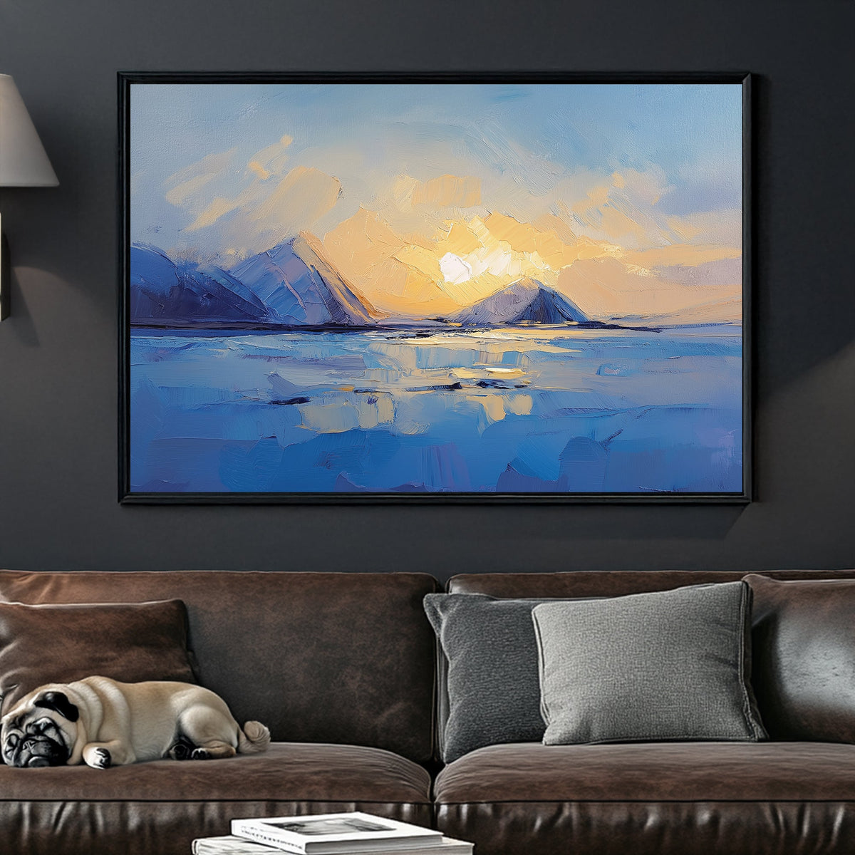 sunset over frozen mountains and lake wall art with textured brushstrokes