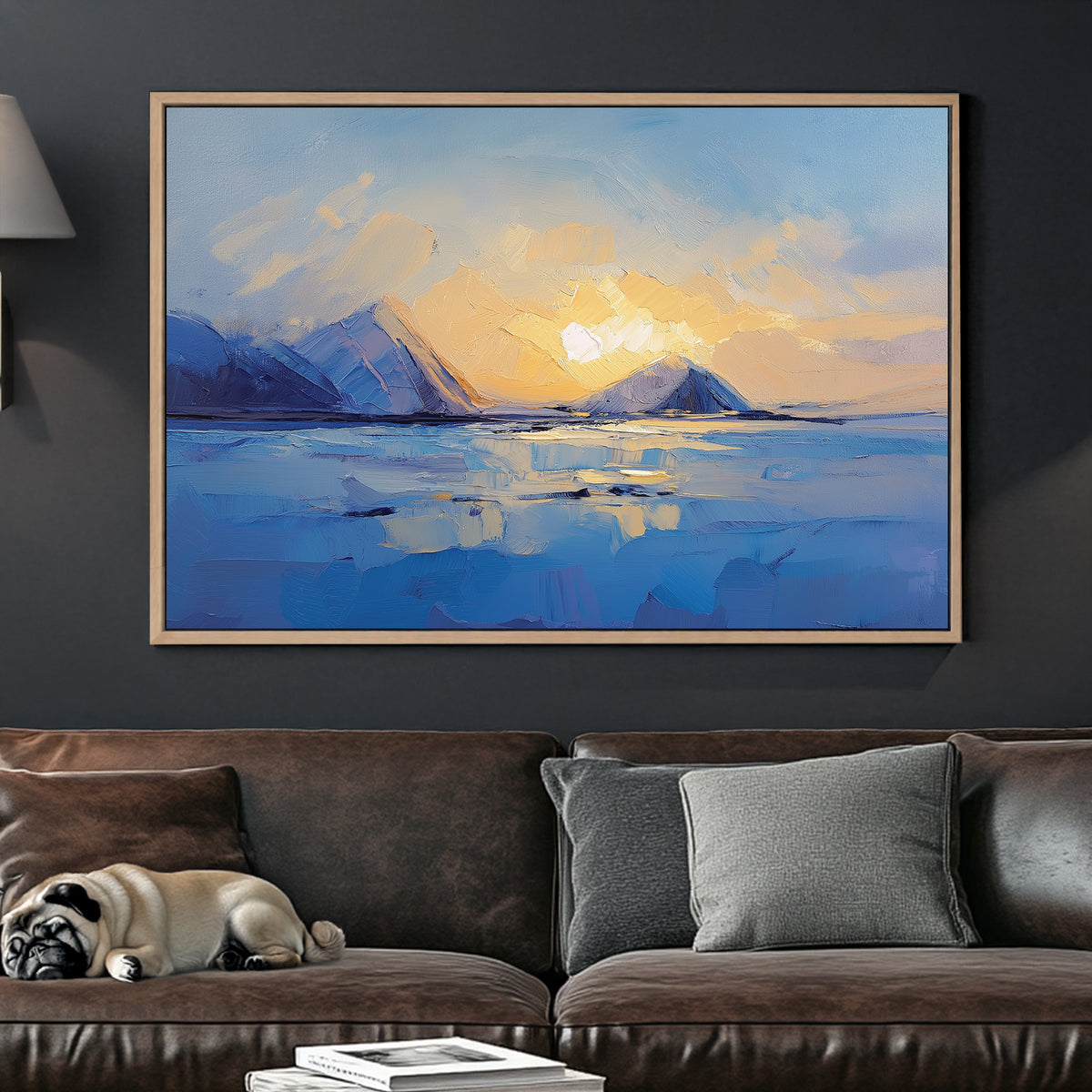 sunset over frozen mountains and lake wall art with textured brushstrokes