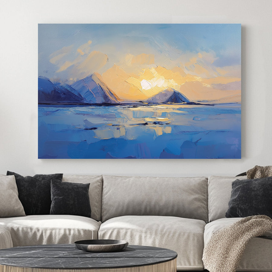 sunset over frozen mountains and lake wall art with textured brushstrokes