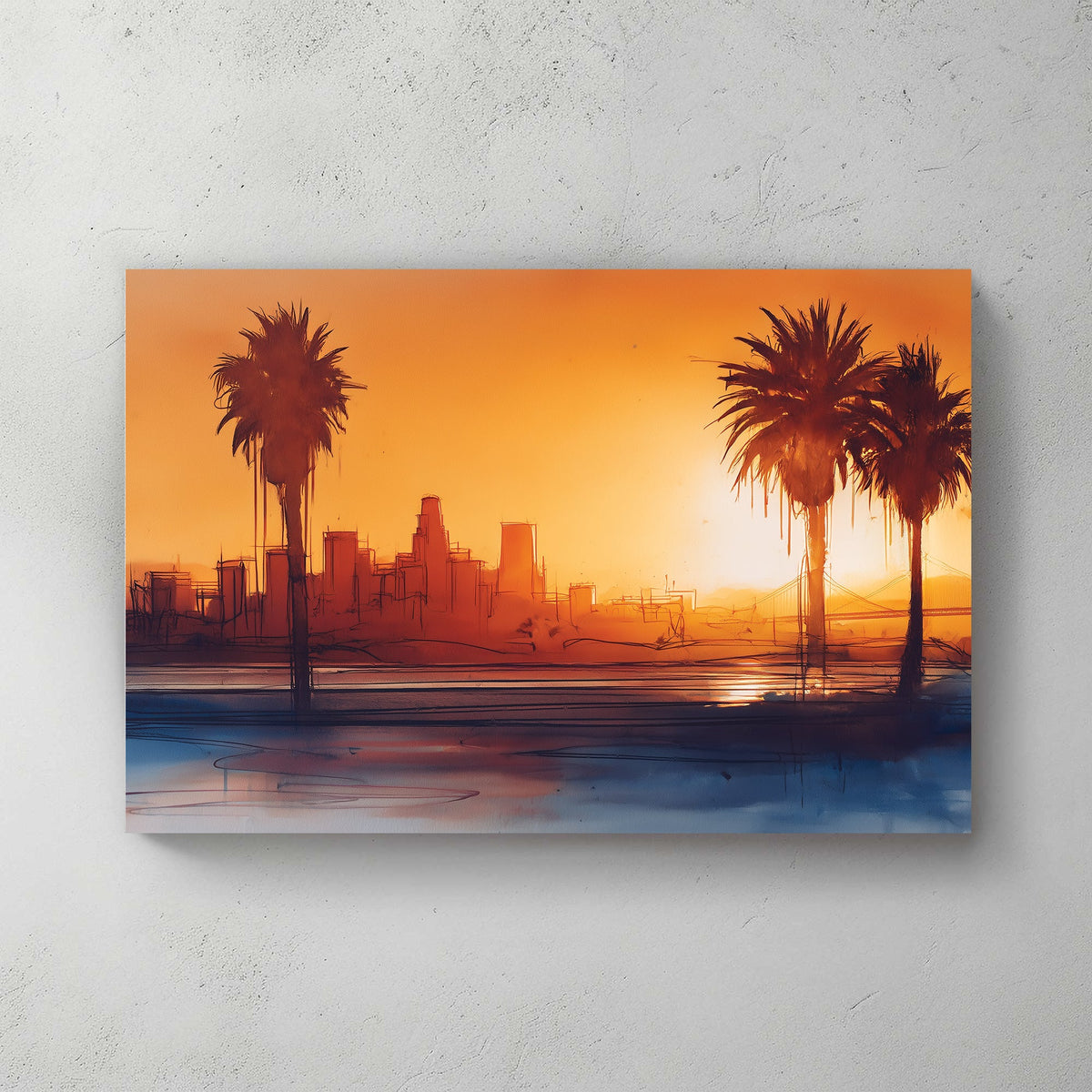 sunset cityscape los angeles wall art with palm trees and sketchy skyline