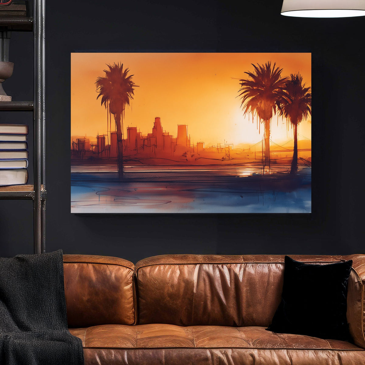sunset cityscape los angeles wall art with palm trees and sketchy skyline