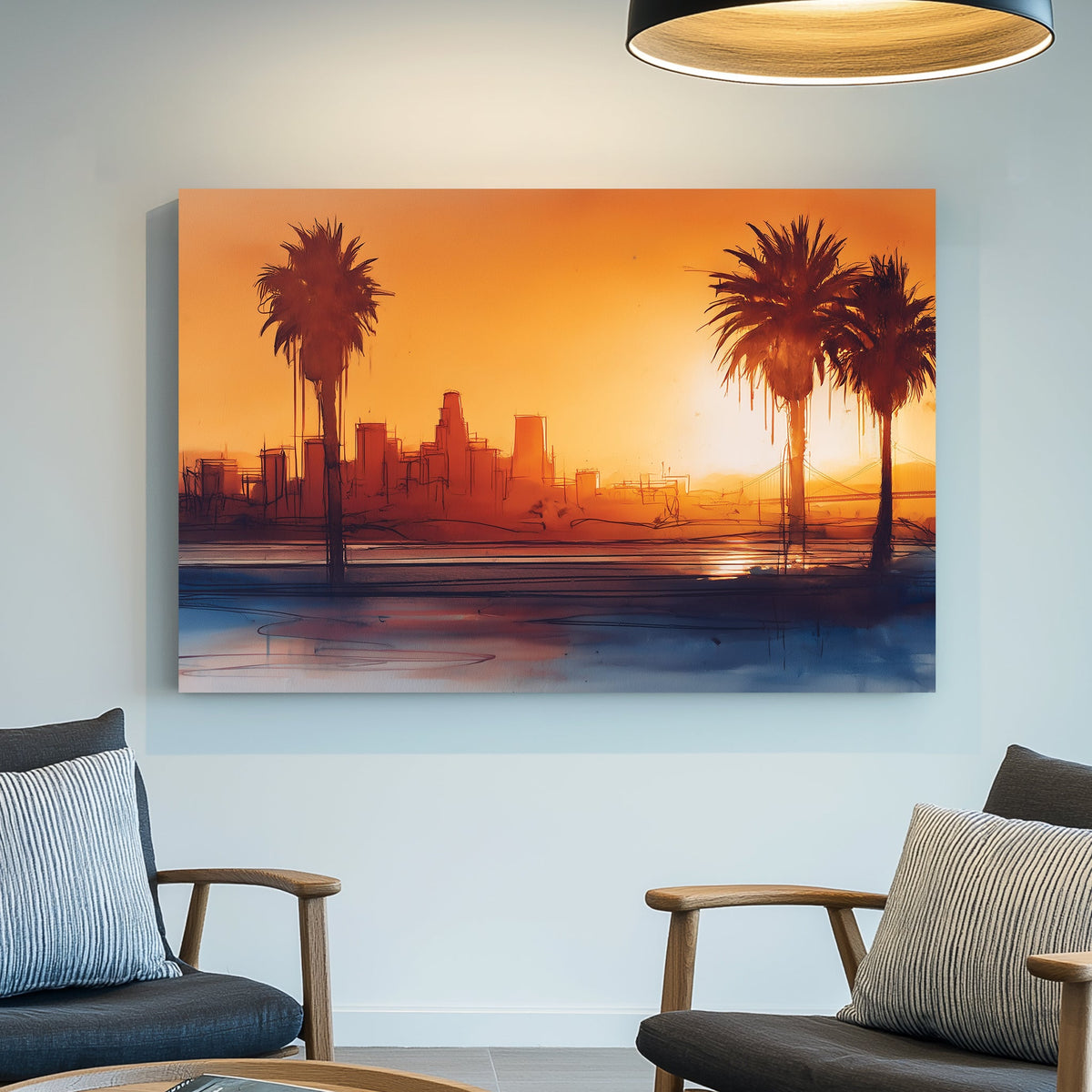sunset cityscape los angeles wall art with palm trees and sketchy skyline