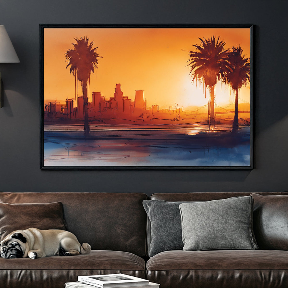 sunset cityscape los angeles wall art with palm trees and sketchy skyline