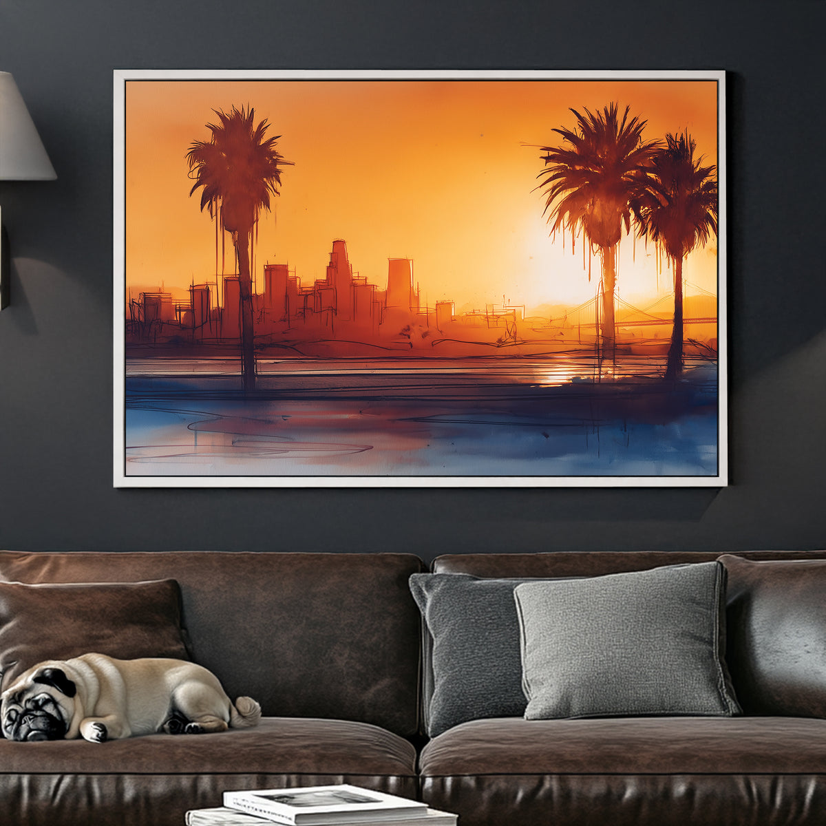 sunset cityscape los angeles wall art with palm trees and sketchy skyline